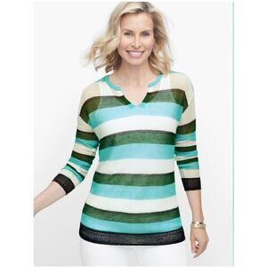Talbots Split Neck Mesh Stripe Linen Sweater Women's 3X Lightweight Open Weave